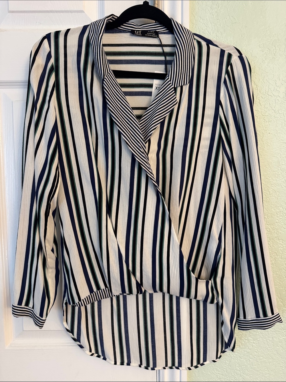 NWT Zara Striped Faux-Wrap Collared Blouse Top XS